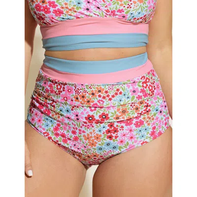 Bloomchic Women's Plus Size Colorful Floral Print Swim Bottoms Watermelon Floral Cropped Colorblock Elastic Wa In Green