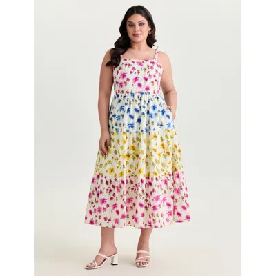 Bloomchic Women's Plus Size Colorful Floral Print Tiered Shirred Maxi Dress Multicolor Ditsy Floral Maxi Casua
