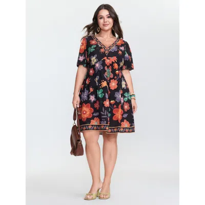Bloomchic Women's Plus Size Colorful Floral Print V-neck Mini Dress Black Floral Short Vacation 12/l
