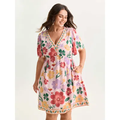 Bloomchic Women's Plus Size Colorful Floral Print V-neck Mini Dress Lightpink Floral Short Vacation 18-20/2x