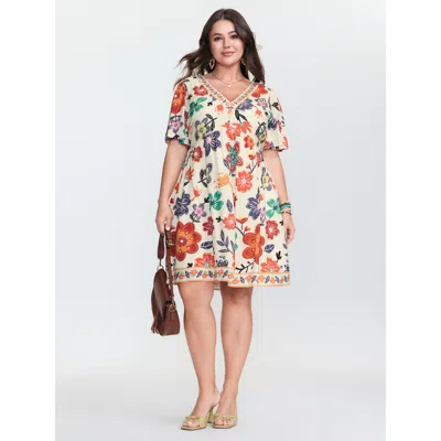 Bloomchic Women's Plus Size Colorful Floral Print V-neck Mini Dress Multicolor Floral Short Vacation 10/m
