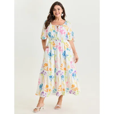 Bloomchic Women's Plus Size Colorful Floral Print Waist Defining Maxi Dress Whitesmoke Floral Length Casual 10