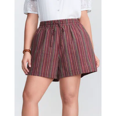 Bloomchic Women's Plus Size Colorful Floral Striped Pockets Shorts Maroon Vacation Shorts 12/l In Burgundy