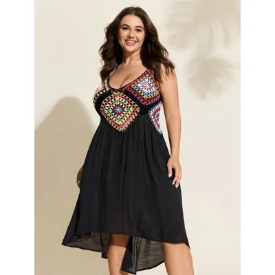 Bloomchic Women's Plus Size Colorful Geometric Print Crocheted Swim Cover-up Black Sleeveless Relaxed Fit 14-1