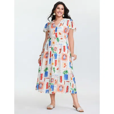 Bloomchic Women's Plus Size Colorful Geometric Print Notched Collar Midi Dress Multicolor Geometric Midi Vacat