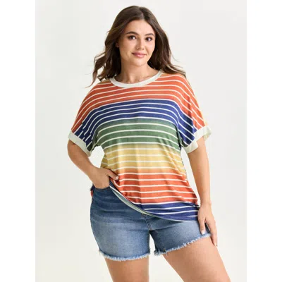 Bloomchic Women's Plus Size Colorful Gradient Stripe Round Neck T-shirt Browncoffeecolor Stripes Casual Short 