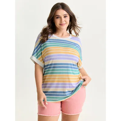 Bloomchic Women's Plus Size Colorful Gradient Stripe Round Neck T-shirt Greenbean Stripes Casual Short Sleeve 