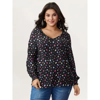 Bloomchic Women's Plus Size Colorful Heart Print V-neck Blouse Blackflower Heart Casual Long Sleeve V-neck 10/