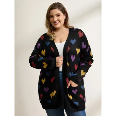 Bloomchic Women's Plus Size Colorful Hearts Jacquard Pockets Knit Cardigan Black Long Sleeve 10/m