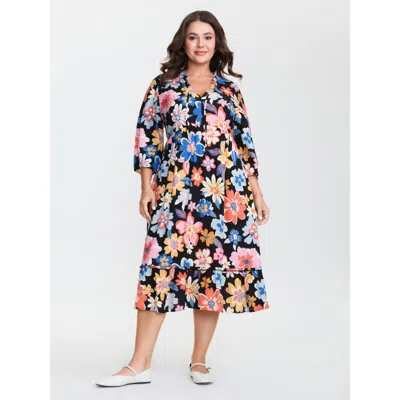 Bloomchic Women's Plus Size Colorful Large Floral Print Notched Collar Midi Dress Black Ditsy Floral Midi Eleg