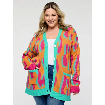 Bloomchic Women's Plus Size Colorful Leopard Button Pockets Knit Cardigan Amber Long Sleeve 14-16/1x In Orange