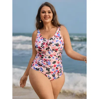 Bloomchic Women's Plus Size Colorful Leopard Print Front-tie One-piece Swimsuit Nudepink Animal Motif Tie Knot