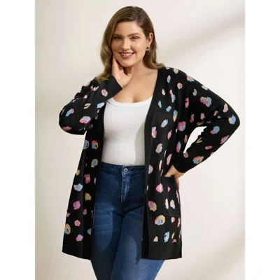 Bloomchic Women's Plus Size Colorful Leopard Print Pockets Knit Cardigan Black Long Sleeve 10/m