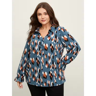 Bloomchic Women's Plus Size Colorful Leopard Stretchy Cuffs Lapel Collar Blouse Mediumblue Animal Motif Office
