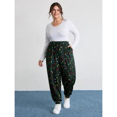 Bloomchic Women's Plus Size Colorful Lights Pattern Stretchy-fit Pants Black Christmas Jogger Mid Rise Casual 