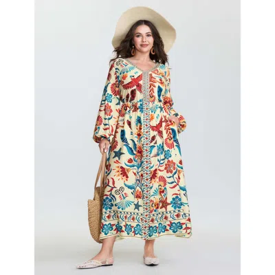 Bloomchic Women's Plus Size Colorful Ocean Element V-neck Maxi Dress Multicolor Tropical Maxi Vacation Non 30/
