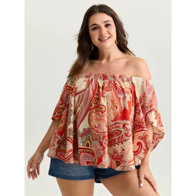 Bloomchic Women's Plus Size Colorful Paisley Print Off-shoulder Blouse Multicolor Paisley Vacation 3/4 Sleeve 