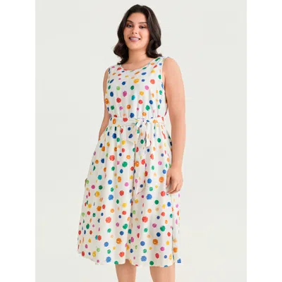 Bloomchic Women's Plus Size Colorful Polka Dot Waist Tie Midi Dress Multicolor Polka Dots Midi Casual Lace-up 