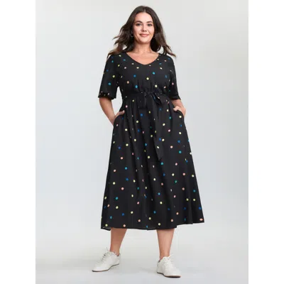 Bloomchic Women's Plus Size Colorful Polka Dots Belted Midi Dress Blackflower Polka Dots Midi Casual Non 30/6x
