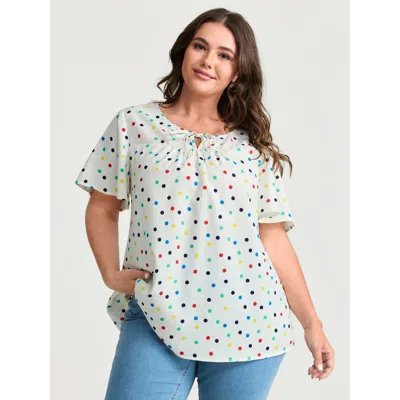 Bloomchic Women's Plus Size Colorful Polka Dots Drawstring Ruched Blouse Ivory Polka Dots Casual Short Sleeve  In White