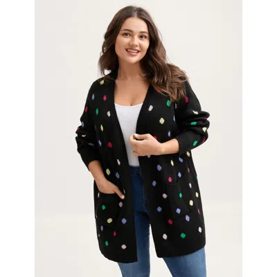 Bloomchic Women's Plus Size Colorful Polka Dots Pockets Knit Cardigan Black Long Sleeve 10/m