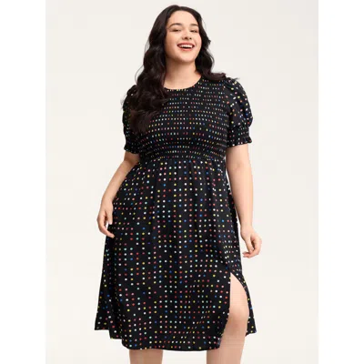 Bloomchic Women's Plus Size Colorful Polka Dots Shirred Bodice Midi Dress Black Polka Dots Midi Casual Slit 10