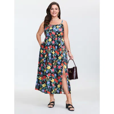 Bloomchic Women's Plus Size Colorful Print Side Slit Floral Maxi Dress Blackflower Ditsy Floral Maxi Elegant C