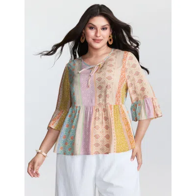 Bloomchic Women's Plus Size Colorful Printed Stripe Flared Blouse Multicolor Vacation 3/4 Sleeve 22-24/3x