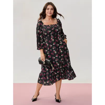 Bloomchic Women's Plus Size Colorful Rose Pattern Drawstring Neckline Midi Dress Black Floral Midi Elegant Lac