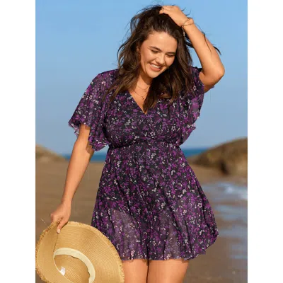 Bloomchic Women's Plus Size Colorful Sheer Floral Print Swim Dress Black Ditsy Floral Mesh Panel Adaptive-fit 