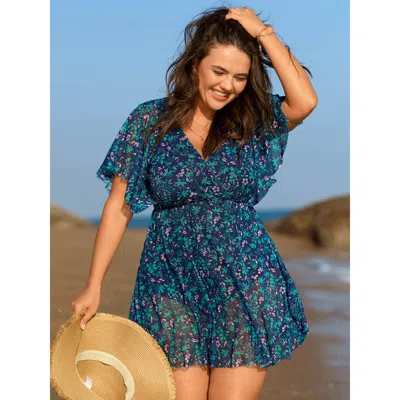 Bloomchic Women's Plus Size Colorful Sheer Floral Print Swim Dress Indigo Ditsy Floral Mesh Panel Adaptive-fit In Purple