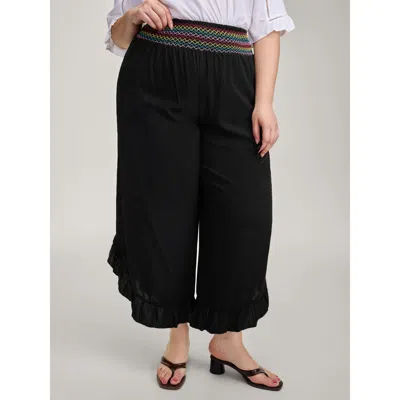 Bloomchic Women's Plus Size Colorful Shirred Waistband Ruffled Hem Pants Black Non Wide Leg Mid Rise Vacation 