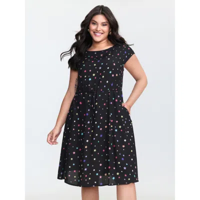Bloomchic Women's Plus Size Colorful Star Print Pockets Mini Dress Black Non Knee Casual Gathered 22-24/3x