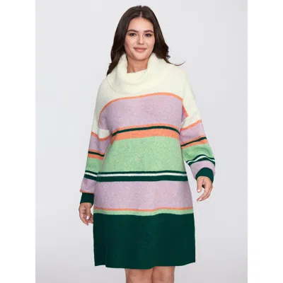 Bloomchic Women's Plus Size Colorful Stripe Drape Turtleneck Sweater Dress Lavender Geometric Tunic Colorblock In Purple