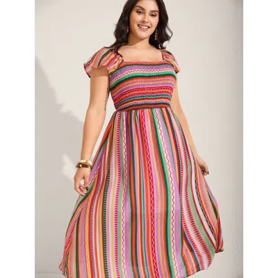 Bloomchic Women's Plus Size Colorful Stripe Flutter Sleeve Pockets Midi Dress Multicolor Stripes Midi Vacation