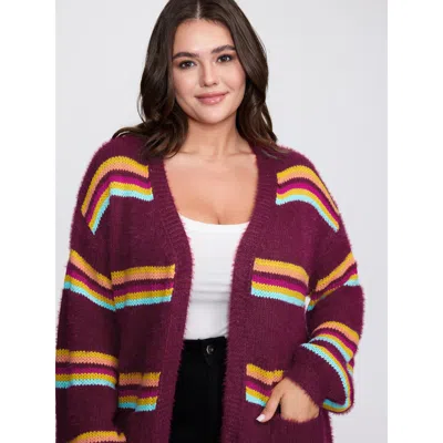 Bloomchic Women's Plus Size Colorful Stripe Furry Textured Knit Cardigan Scarlet Long Sleeve 10/m In Red
