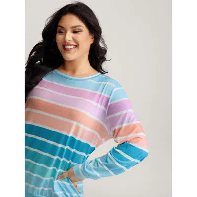 Bloomchic Women's Plus Size Colorful Stripe Relaxed-fit Stretchy Hem T-shirt Multicolor Geometric Casual Long 
