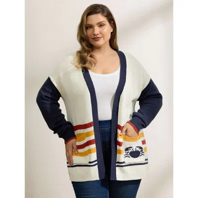 Bloomchic Women's Plus Size Colorful Stripe Seahorse Motif Jacquard Knit Cardigan Originalwhite Long Sleeve 10