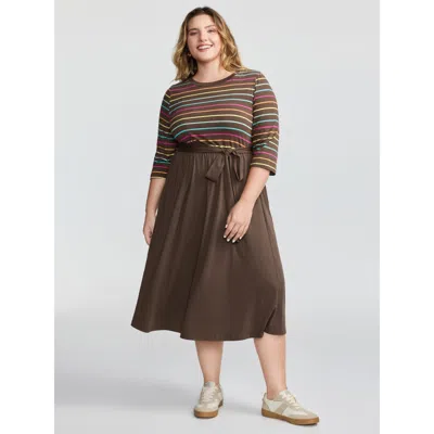 Bloomchic Women's Plus Size Colorful Stripe Stretchy Waist Midi Dress Browncoffeecolor Stripes Midi Casual 10/
