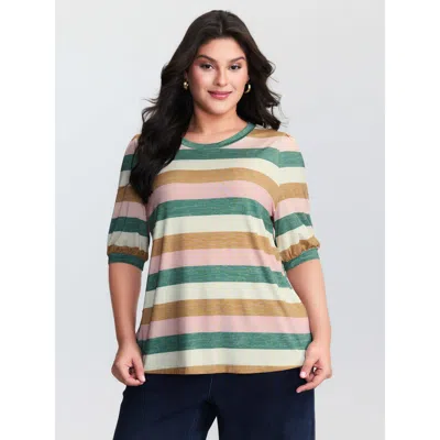 Bloomchic Women's Plus Size Colorful Striped Print Round Neck T-shirt Multicolor Stripes Casual Half Sleeve 10