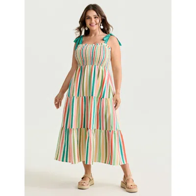 Bloomchic Women's Plus Size Colorful Striped Print Shoulder-tie Maxi Dress Multicolor Stripes Maxi Vacation La