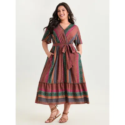 Bloomchic Women's Plus Size Colorful Striped Print Waist-tie Maxi Dress Multicolor Stripes Maxi Vacation Wrap 