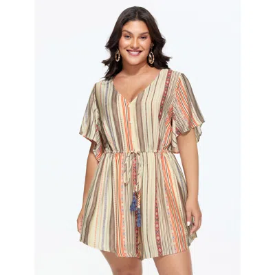 Bloomchic Women's Plus Size Colorful Striped Print Waist-tie Romper Multicolor Vacation 10/m