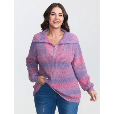Bloomchic Women's Plus Size Colorful Striped Textured Polo Pullover Multicolor Long Sleeve 10/m