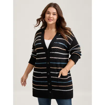 Bloomchic Women's Plus Size Colorful Stripes Button Detail Knit Cardigan Black Long Sleeve 12/l