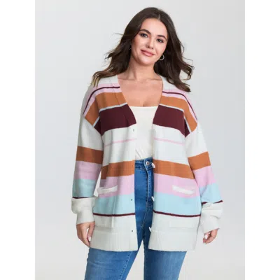 Bloomchic Women's Plus Size Colorful Stripes Button Knit Cardigan Ivory Long Sleeve V-neck 12/l In White