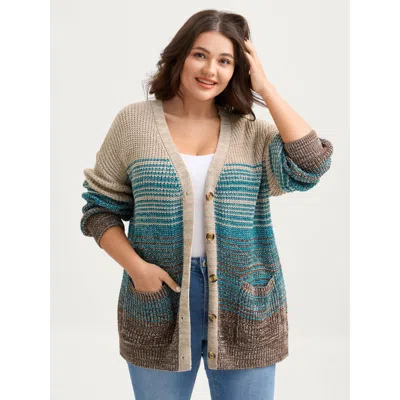 Bloomchic Women's Plus Size Colorful Stripes Button Pockets Knit Cardigan Browncoffeecolor Long Sleeve 30/6x
