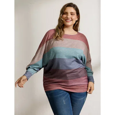 Bloomchic Women's Plus Size Colorful Stripes Dolman Sleeve T-shirt Multicolor Stripes Casual Long Sleeve 12/l