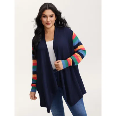Bloomchic Women's Plus Size Colorful Stripes Irregular Hem Knit Cardigan Navy Long Sleeve 10/m In Blue