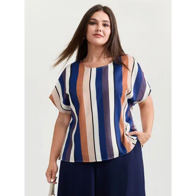 Bloomchic Women's Plus Size Colorful Stripes Lined Breathable Blouse Navy Stripes Office Short Sleeve 10/m In Blue